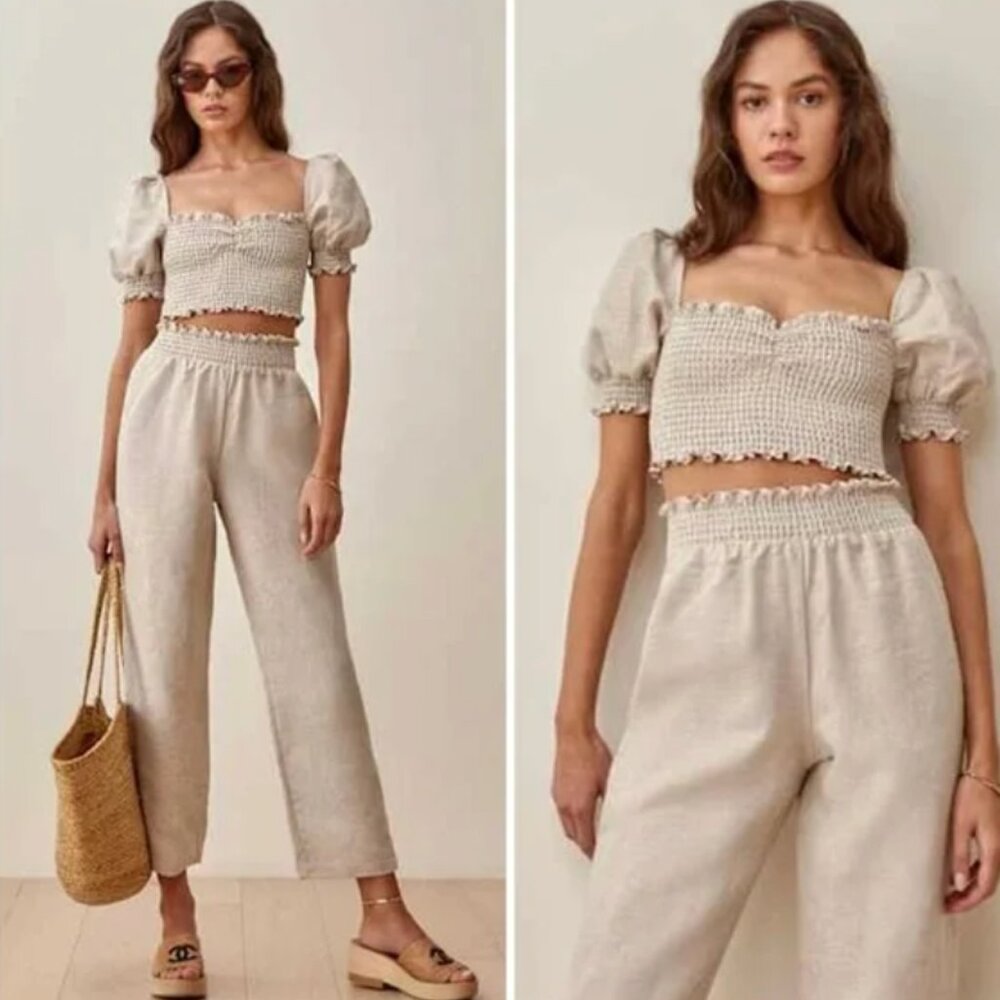 Smocked Puff-Sleeve Crop Top & High-Rise Pants Set - Cream